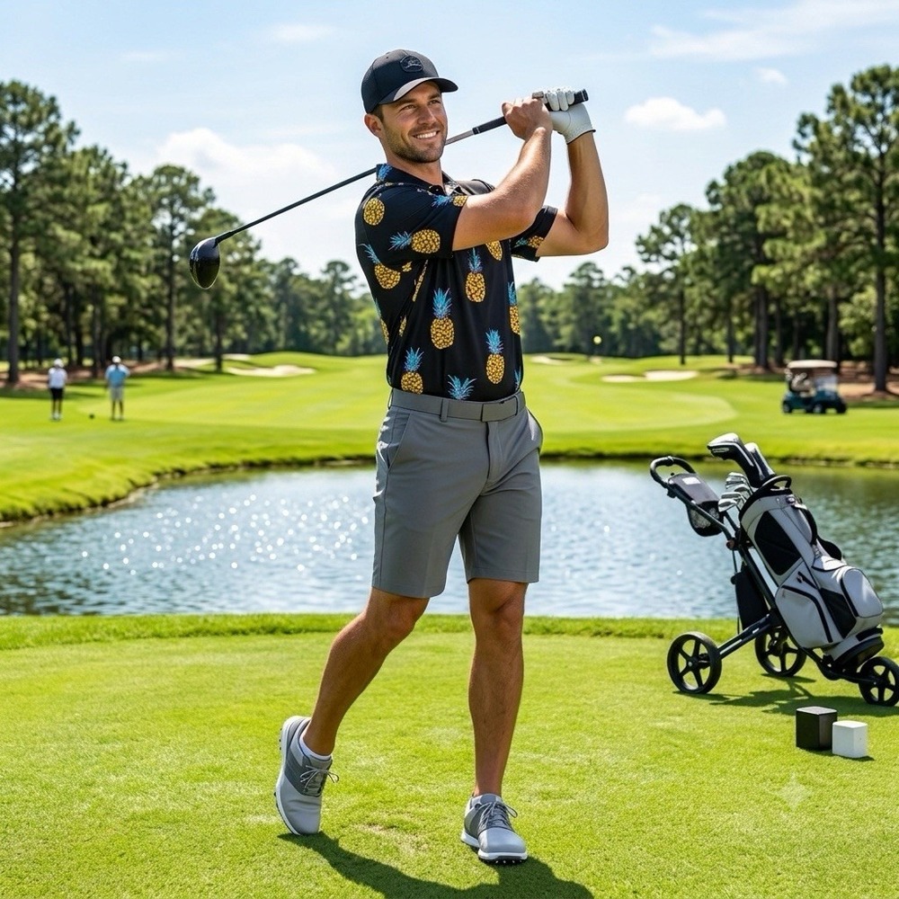 Chubbies‎ Polo Shirt Mens L Pineapple Tropical AOP Performance Golf